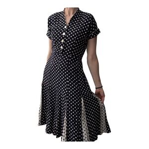 Vintage 40's Navy Blue White‎ Polka Dot Midi Dress